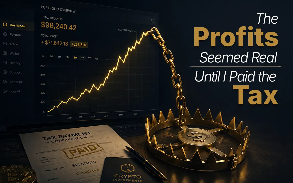 Crypto tax scam trap with fake profits dashboard and payment document.