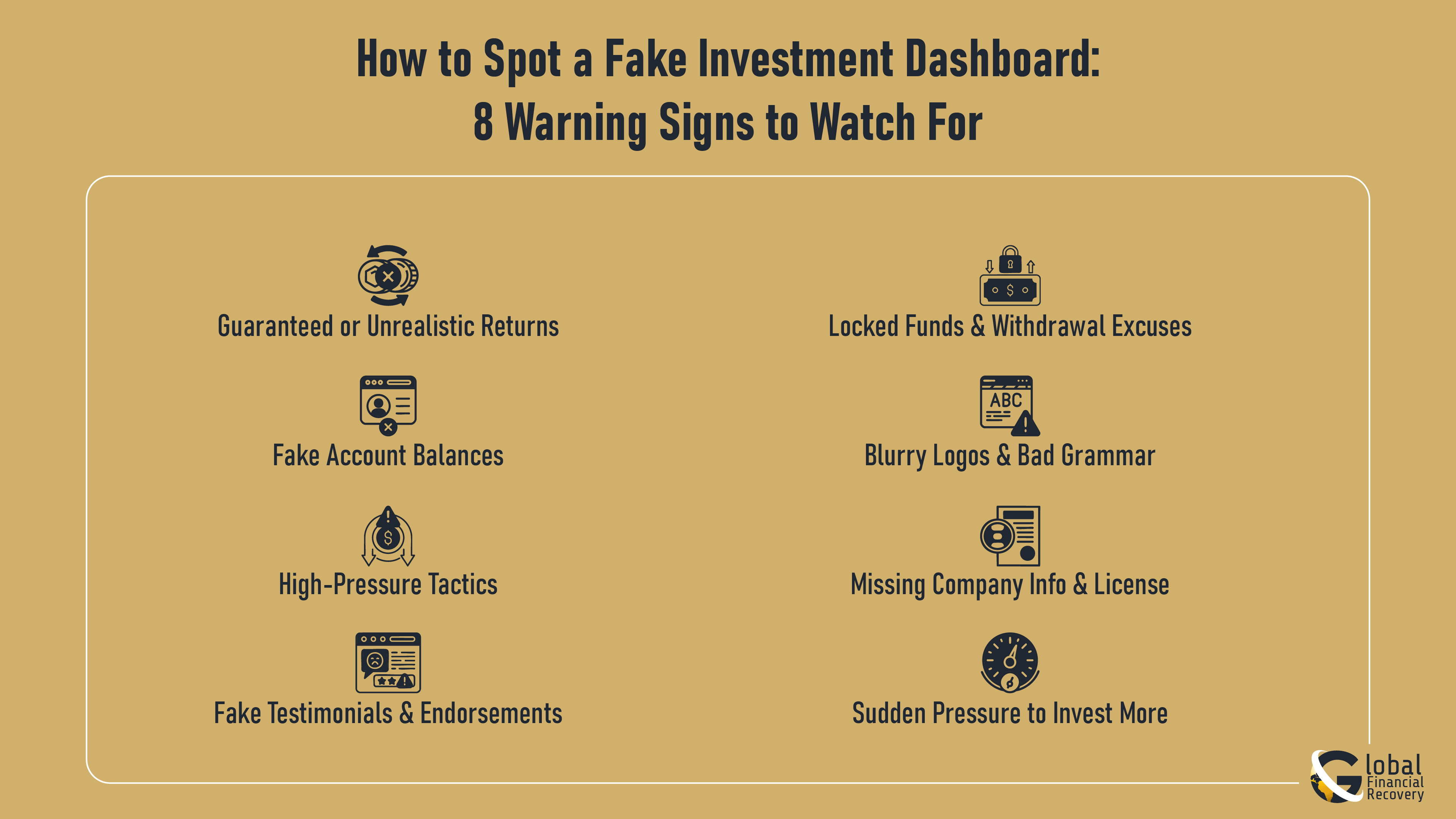 Infographics of 8 Warning Signs to Watch For When Spotting a Fake Investment Dashboard