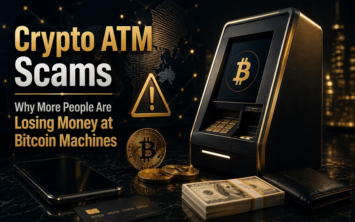 Crypto ATM scams showing how fraudsters trick victims into sending Bitcoin through cryptocurrency ATM machines and how to avoid these scams