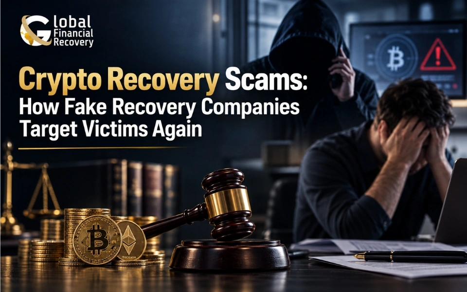 Crypto recovery scams where fake recovery companies target victims again after a cryptocurrency scam.