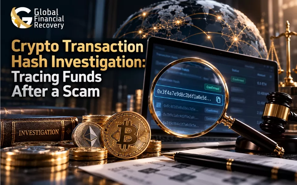 Tracing crypto funds after a scam using a transaction hash.