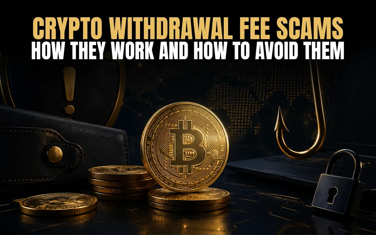 Crypto withdrawal fee scams explained, showing how fake withdrawal fees work, warning signs to watch for, and practical steps to avoid cryptocurrency withdrawal fraud
