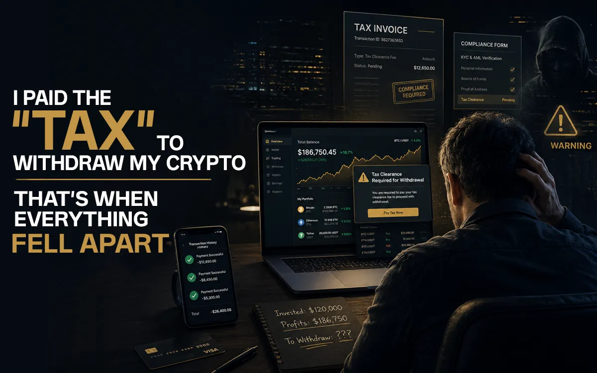 Paying a fake crypto withdrawal tax scam and losing funds during the withdrawal process