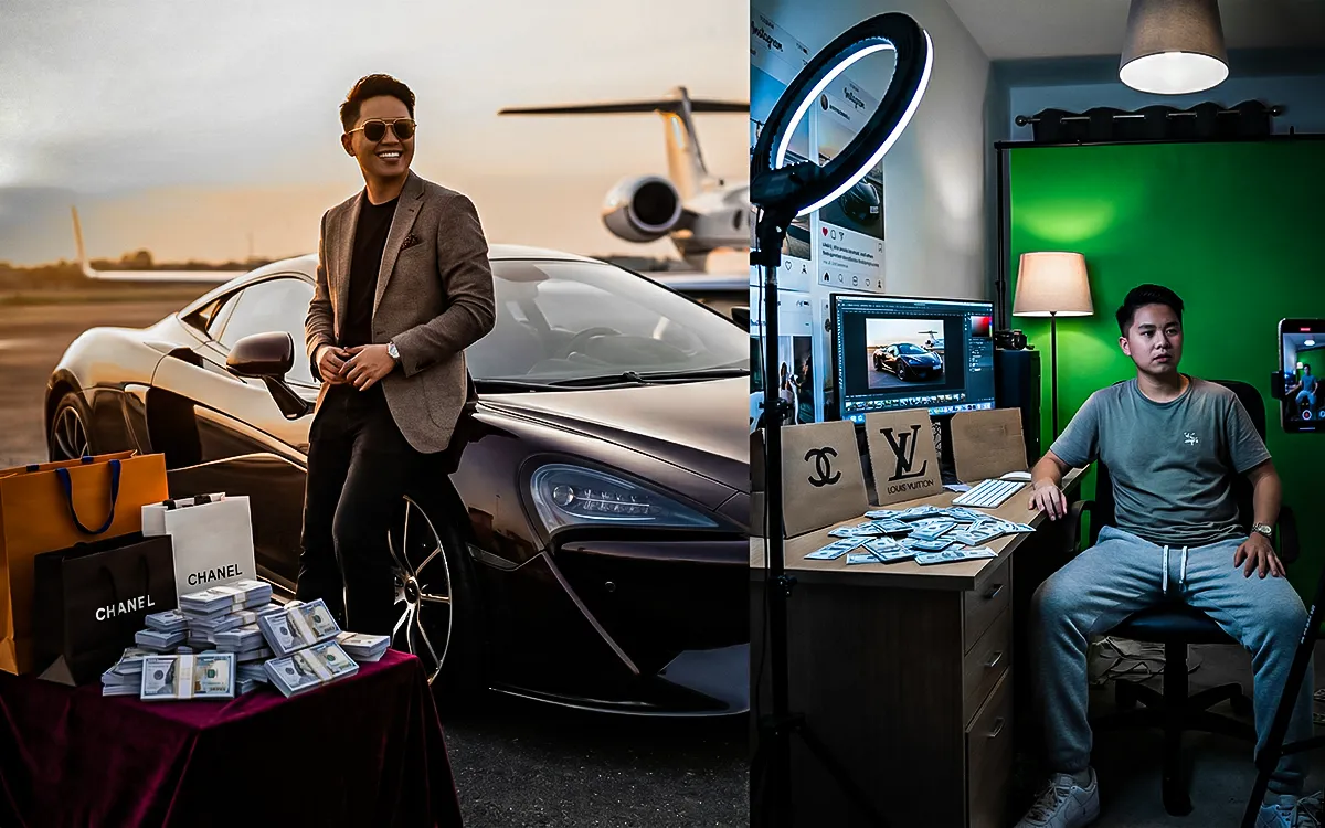 Fake social media millionaire flaunting luxury items with red warning signs indicating an online wealth scam