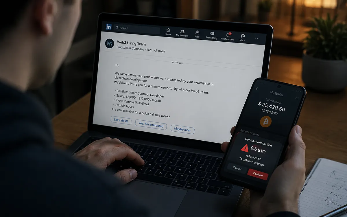Fake Web3 job scams stealing crypto wallets and cryptocurrency assets from job seekers worldwide