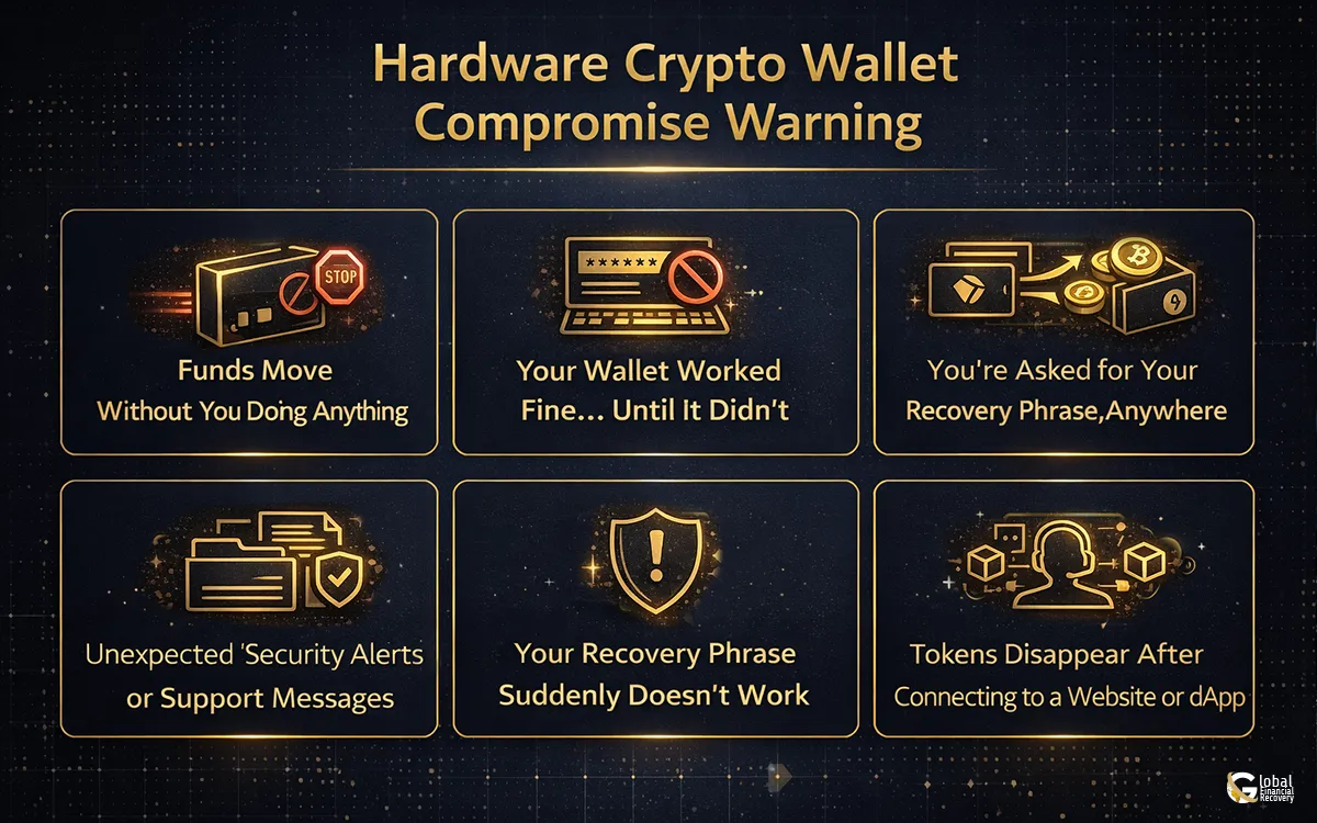 Warning alert about a compromised hardware crypto wallet and potential security risks