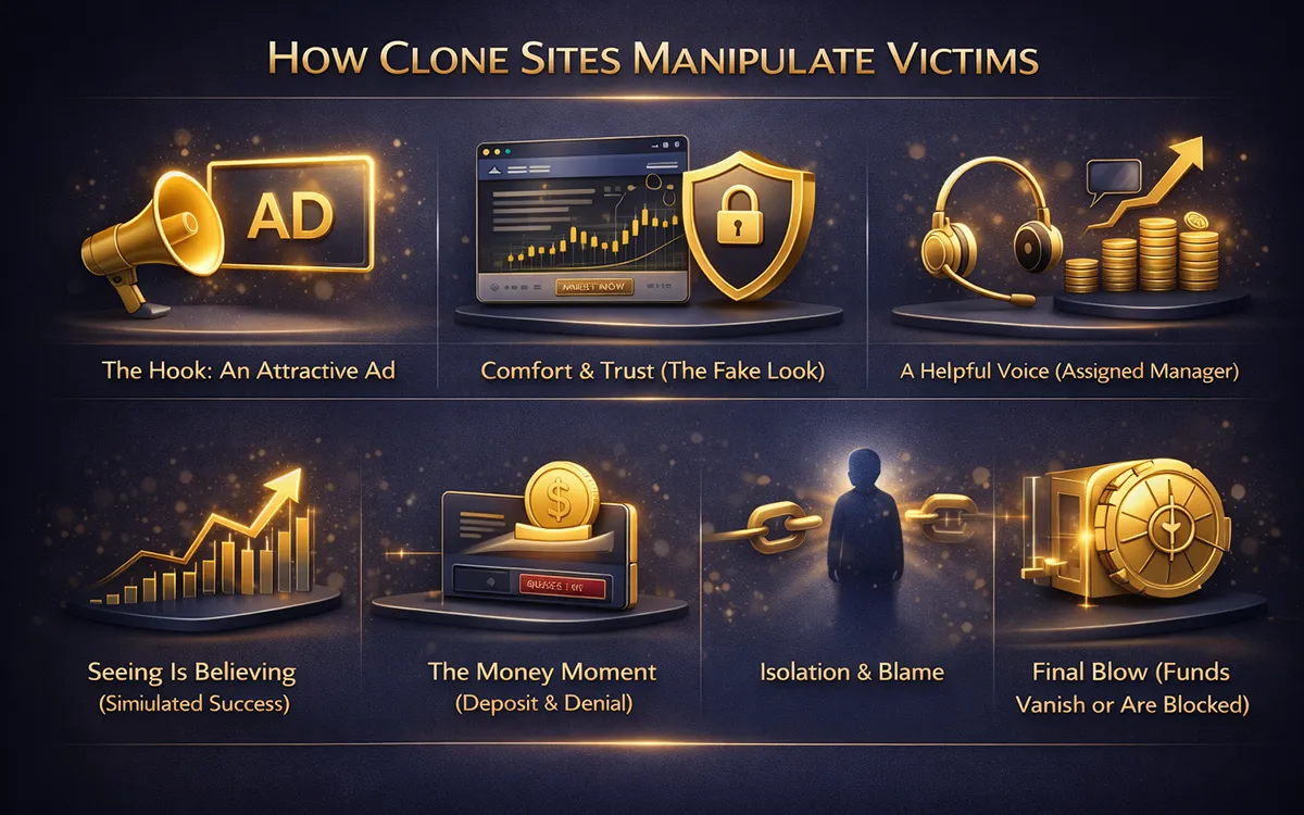 Illustration showing common tactics used in clone investment fraud