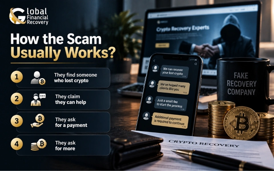How a crypto recovery scam usually works and how scammers target victims with fake recovery promises.