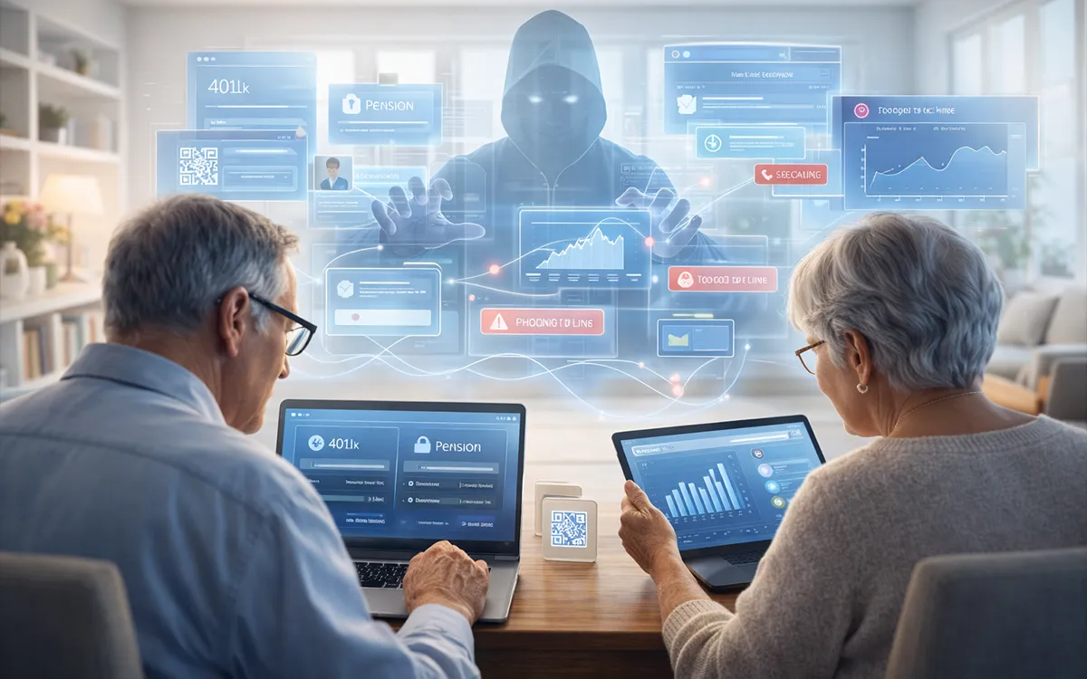 Illustration showing crypto scams targeting retirement and pension funds
