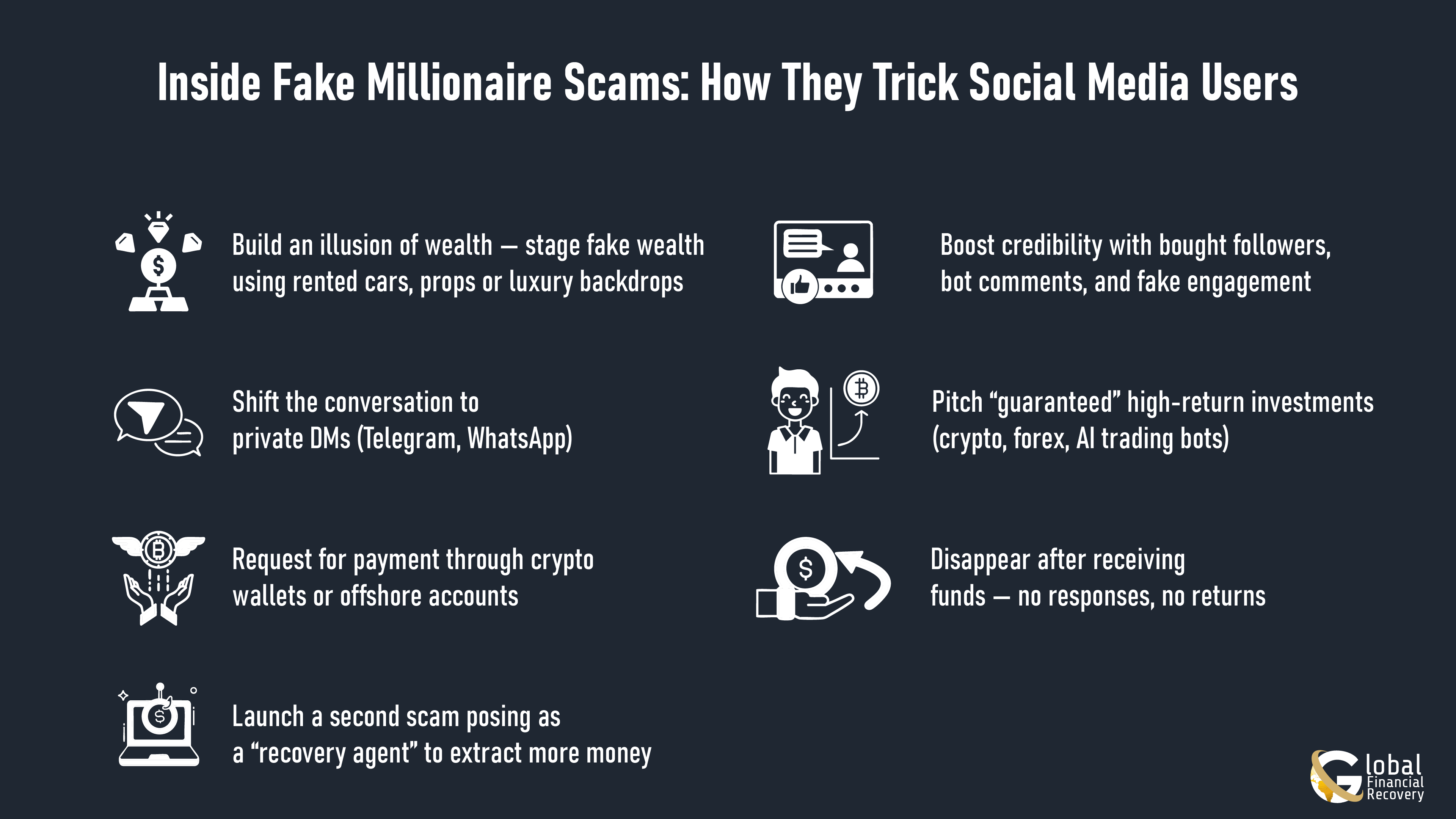 Infographic explaining how fake social media millionaires trick users with staged luxury and scam tactics