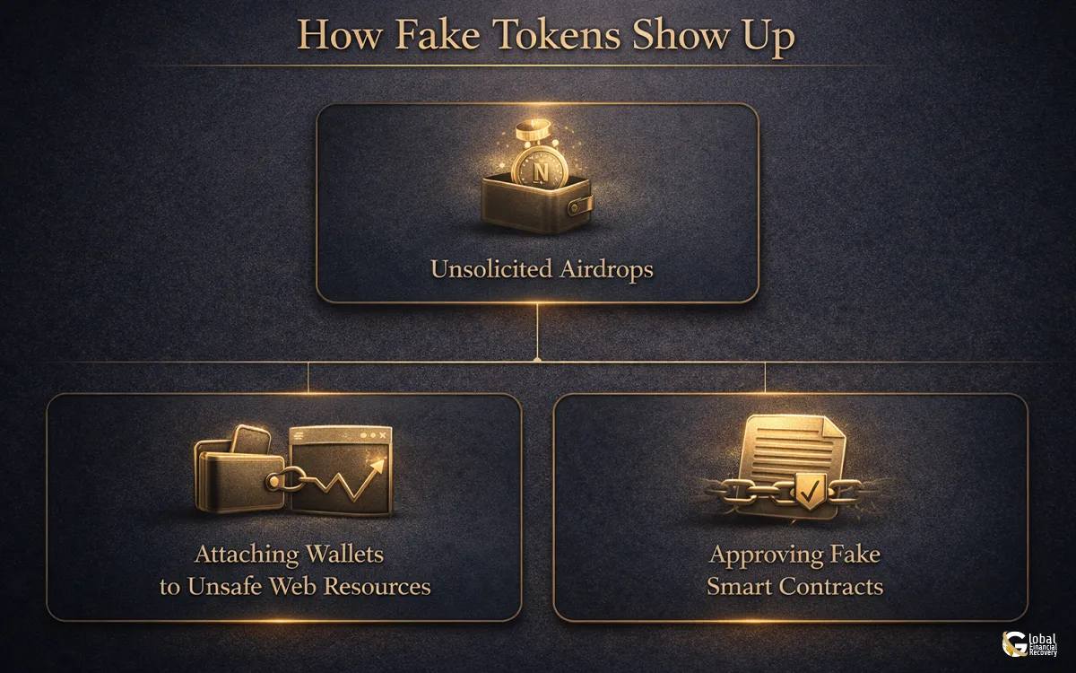 Diagram showing how fake tokens are sent to crypto wallets