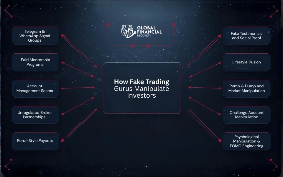 Infographic explaining common tactics fake trading gurus use to manipulate investors