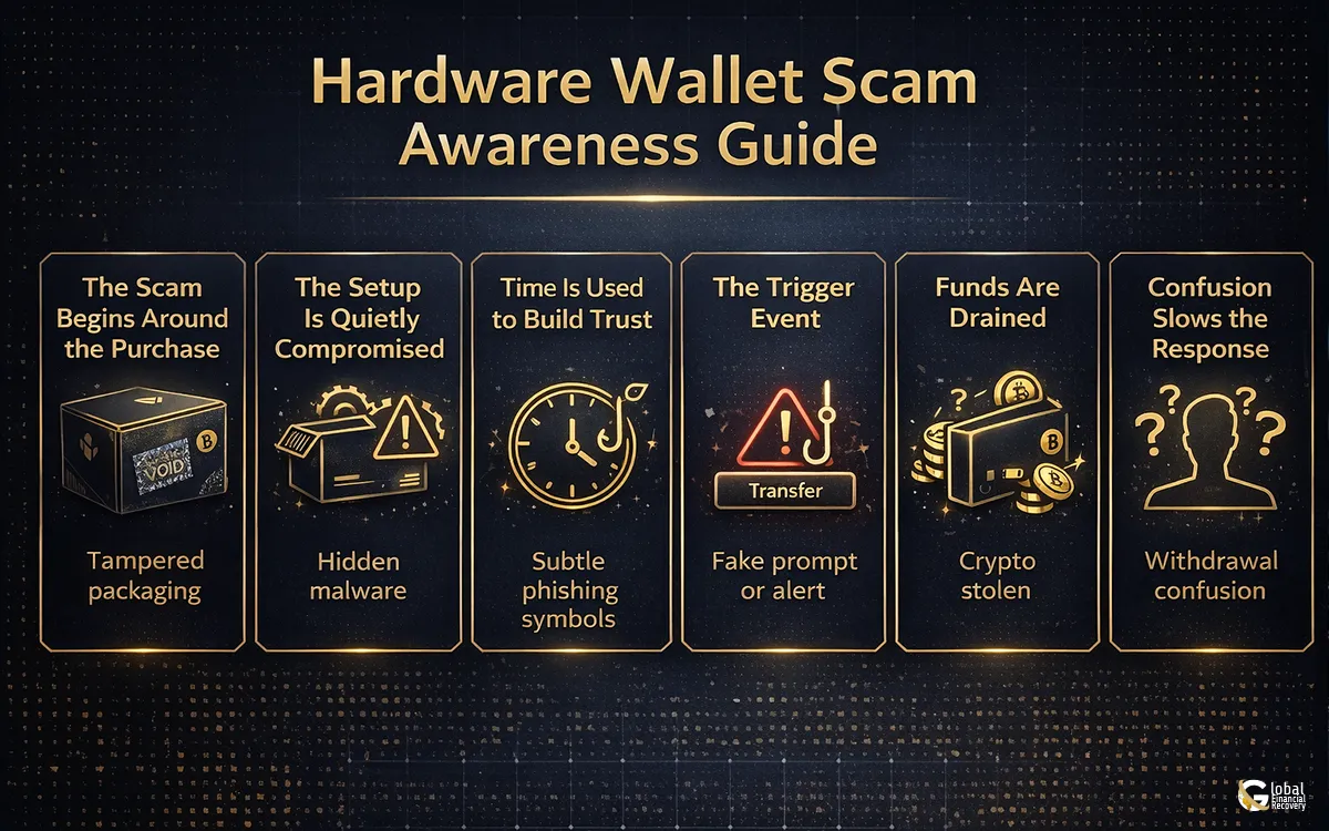 Explanation of how hardware crypto wallet scams work and how scammers steal cryptocurrency.