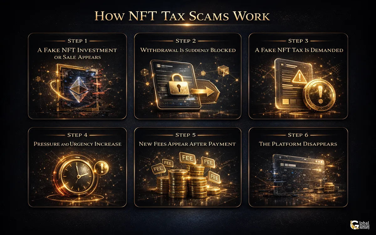 Visual explanation of how NFT tax scams work and target victims