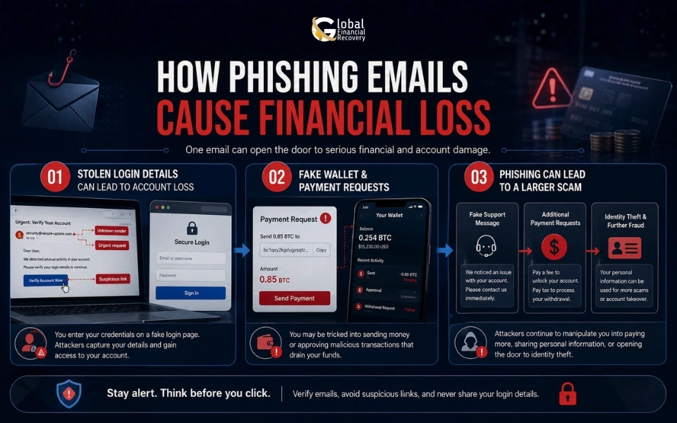 How phishing emails cause financial loss by tricking users into sharing sensitive information.