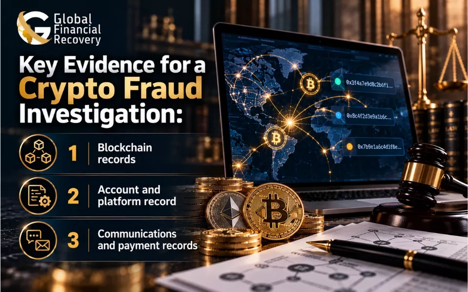 Key evidence needed for a crypto fraud investigation.