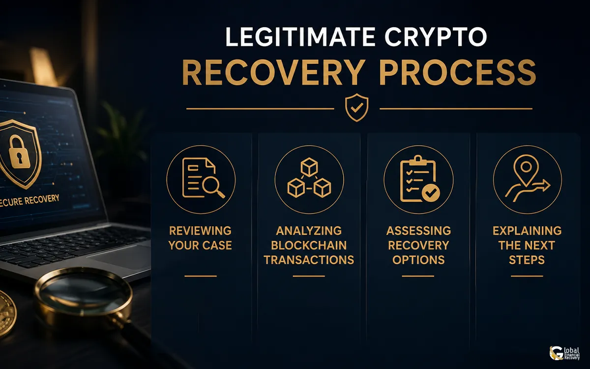 What a legitimate crypto recovery service does, including blockchain analysis, case assessment, and recovery guidance.