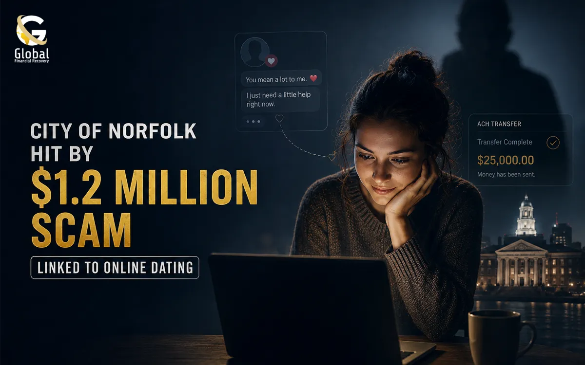 City of Norfolk online dating scam involving a $1.2 million financial fraud linked to romance scam activity.