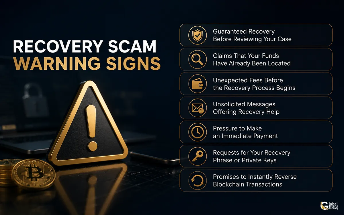 Recovery scam warning signs to help identify fraudulent recovery services and avoid additional financial losses.