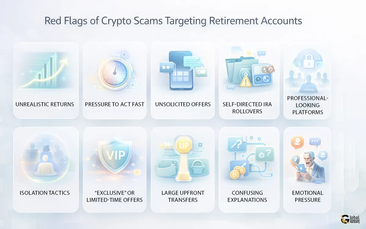 Infographic explaining the crypto scam red flags for retirement accounts