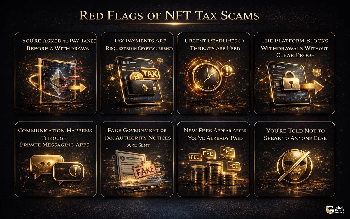 Illustration showing NFT tax scam red flags