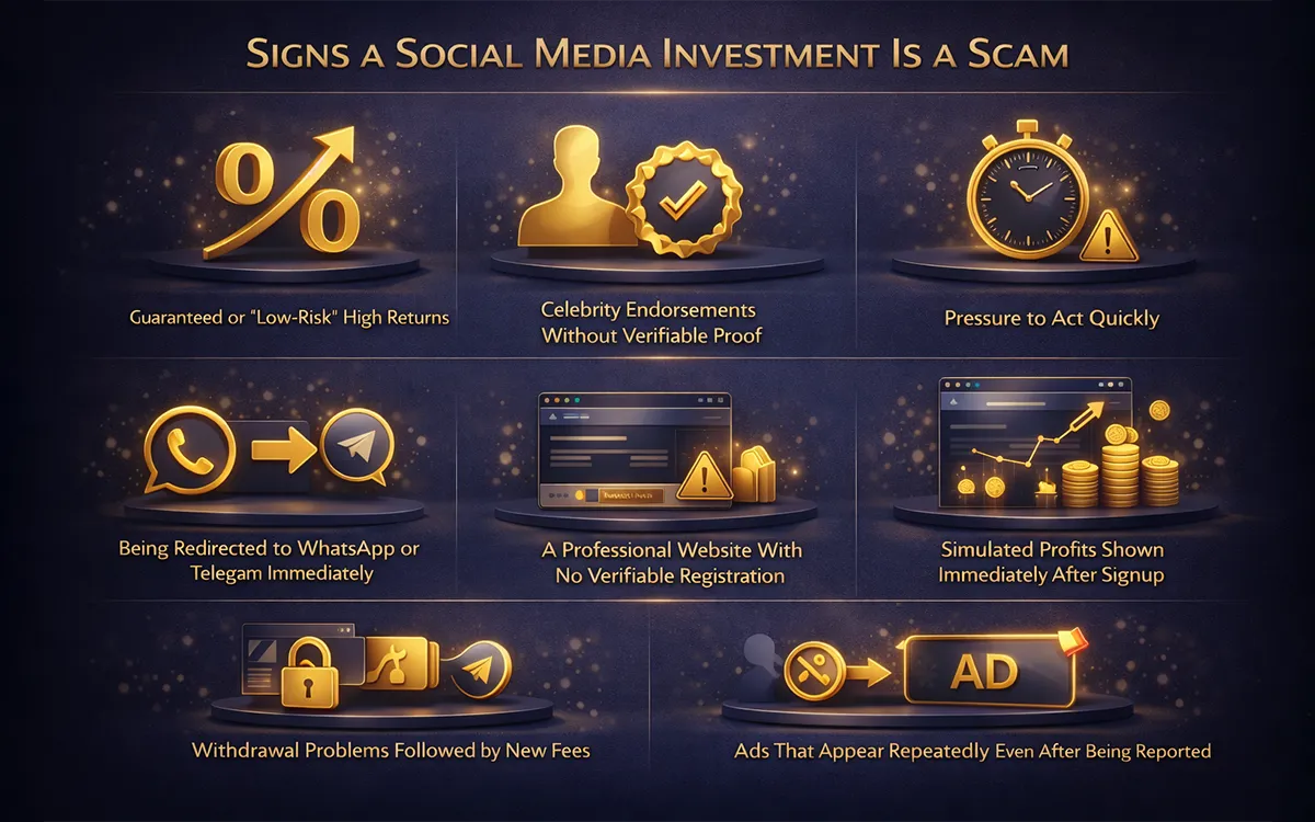 Illustration showing warning signs that a social media investment ad or website is a scam