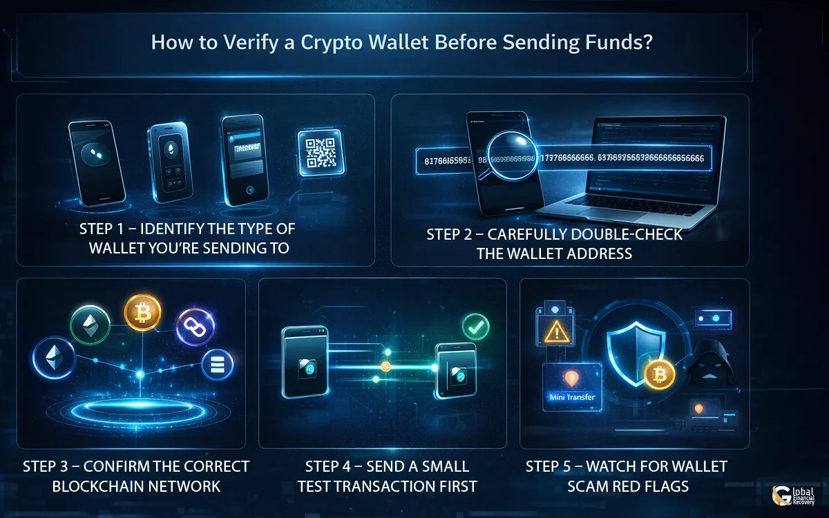 Visual Representation of how to verify a crypto wallet before sending funds