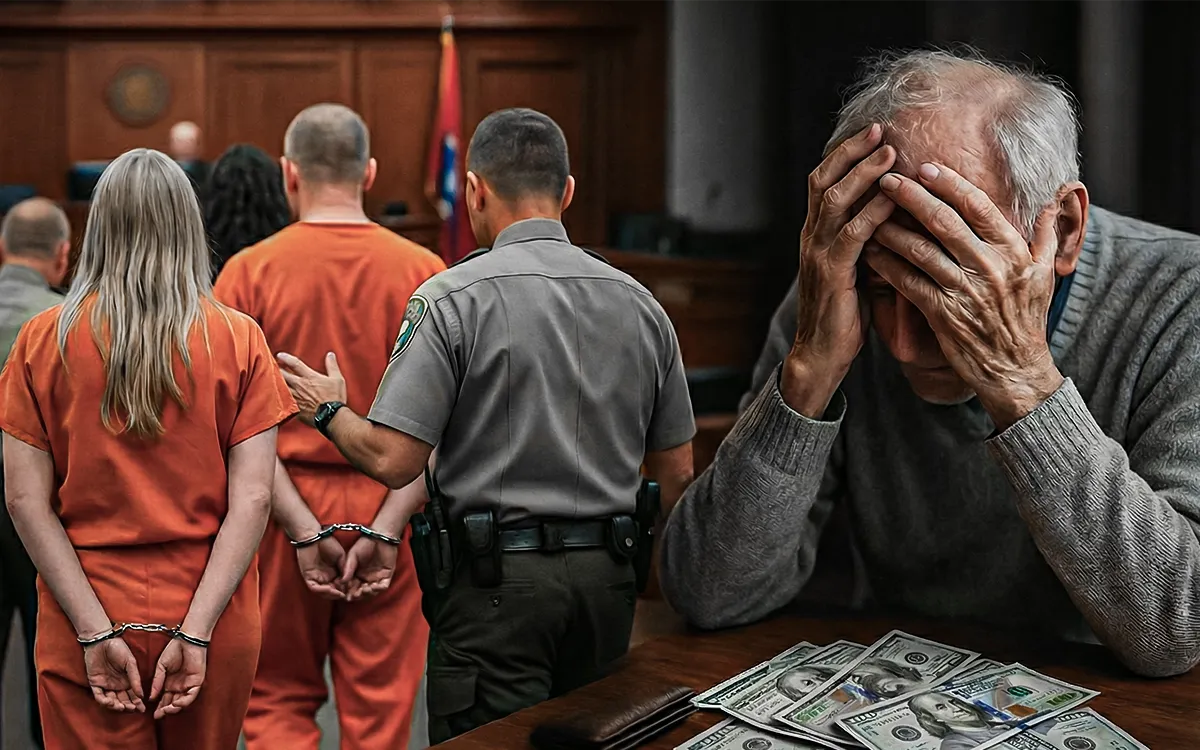 Courtroom scene showing three people sentenced in Tennessee for a romance scam that defrauded an elderly man of $86,000