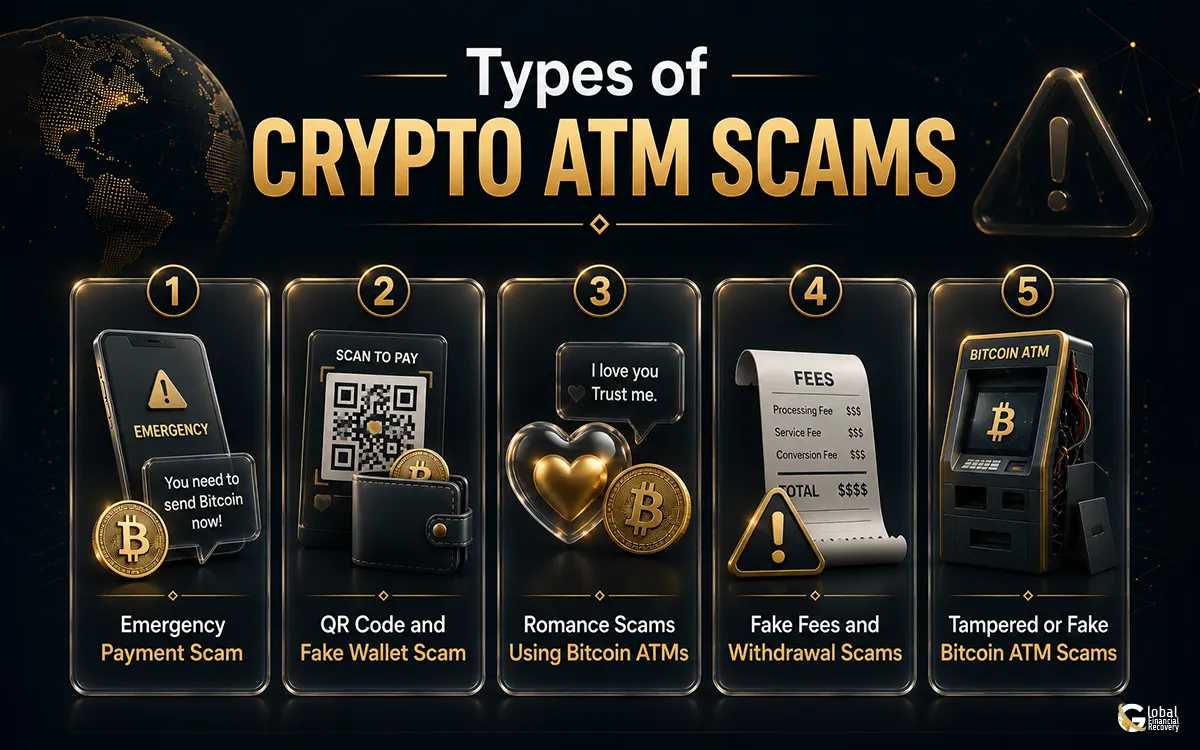 Types of crypto ATM scams including impersonation scams, tech support fraud, investment scams, romance scams, and fake payment requests through Bitcoin ATM machines