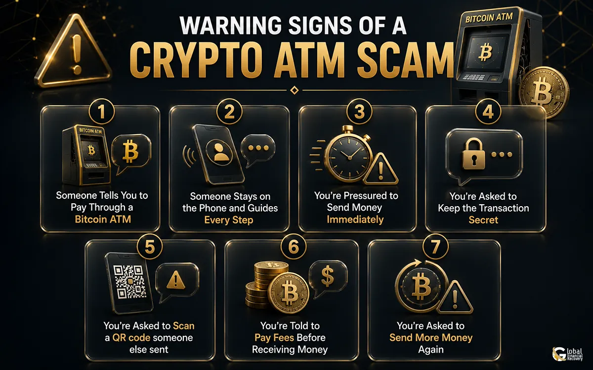 Warning signs of a crypto ATM scam, including urgent payment requests, impersonation scams, fake investment offers, and instructions to use a Bitcoin ATM