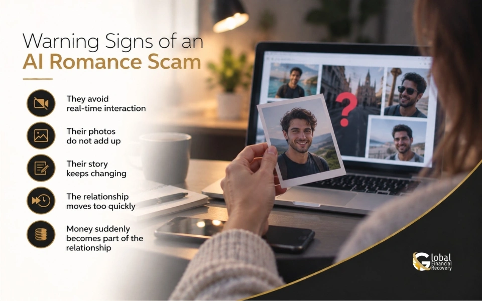 Warning signs of an AI romance scam.