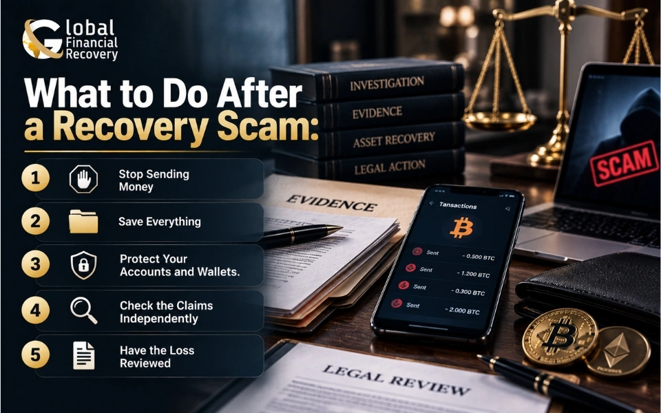 What to do after a recovery scam to protect your accounts, preserve evidence, and avoid further financial loss.