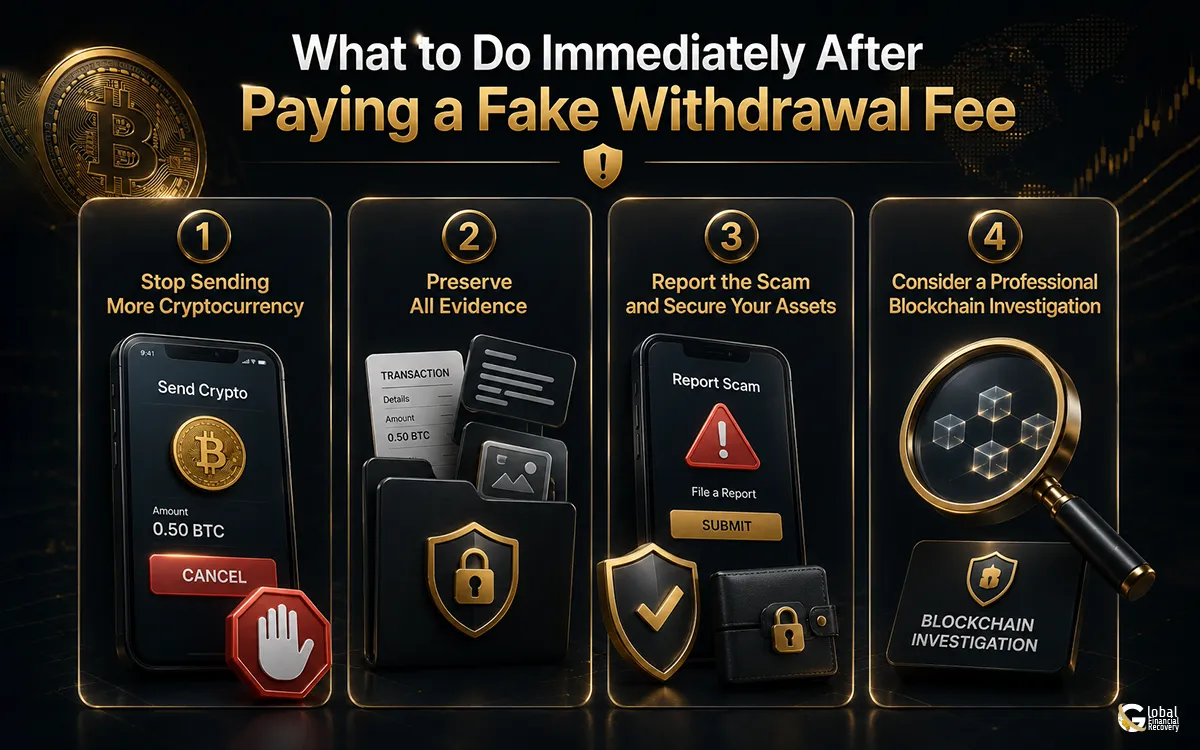 What to do immediately after paying a fake withdrawal fee, including securing your crypto wallet, reporting the scam, preserving evidence, and exploring recovery options