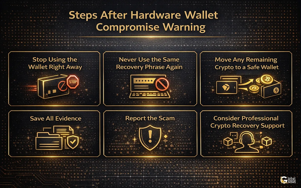 Steps to take if your hardware crypto wallet is compromised to secure your funds.