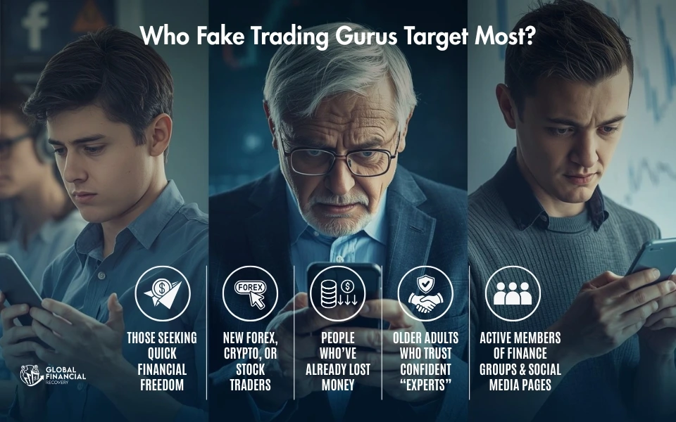 Infographic explaining the main targets of fake trading gurus