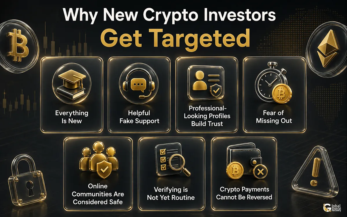 Why new crypto investors get targeted by scammers and how to recognize common fraud tactics. 